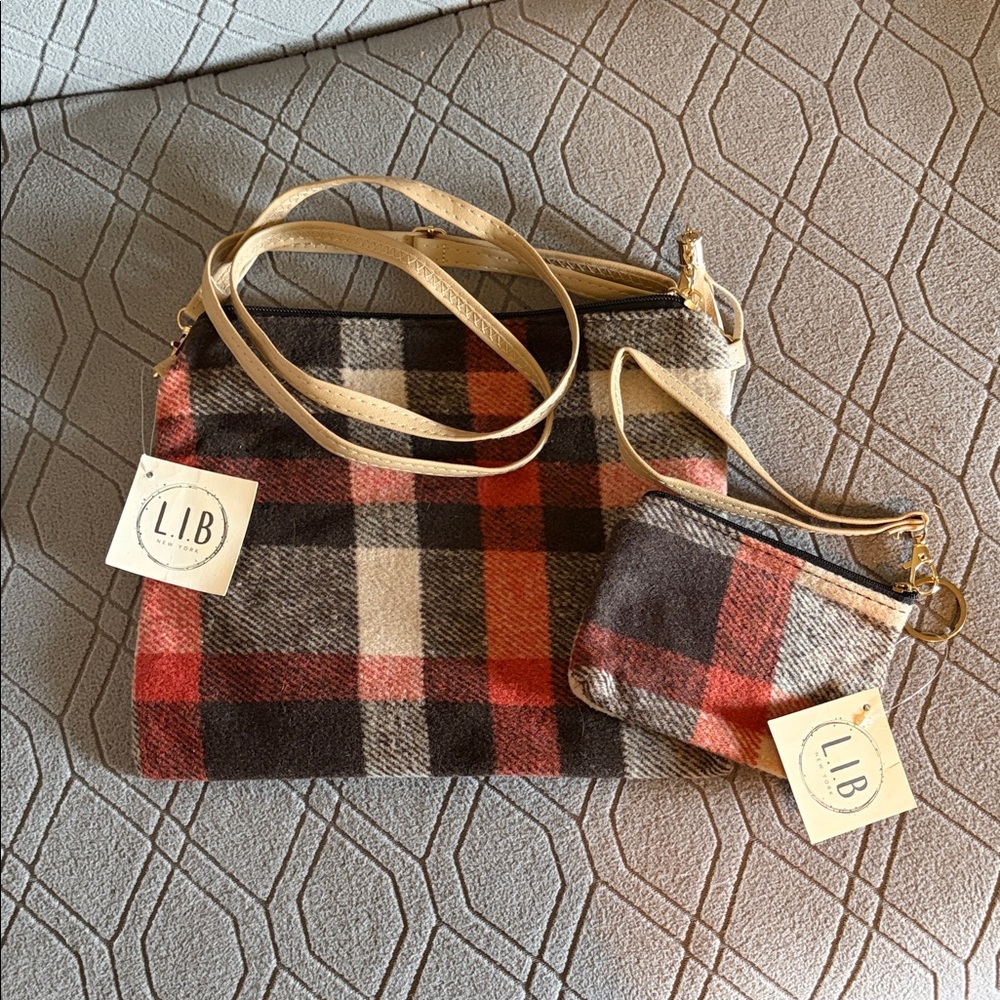 NWT Plaid women’s purse, LIB New York, tassels brown cream change purse/clutch